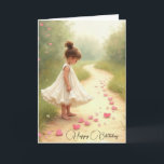 Little Girl With Pink Hearts Birthday Card<br><div class="desc">A little girl in a flowing white dress stands barefoot on a winding path,  surrounded by pink heart shapes scattered along a pathway.
All text can be changed.</div>