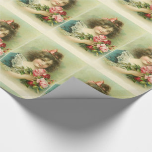 Little Girl with Pink Roses ,Birthday Party Wrapping Paper