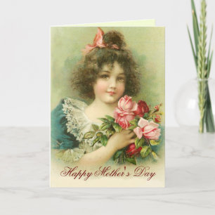 Little Girl with Pink Roses Mother's Day Card