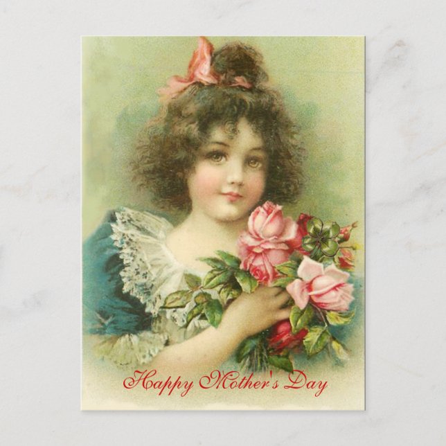 Little Girl with Pink Roses Mother's Day Postcard (Front)