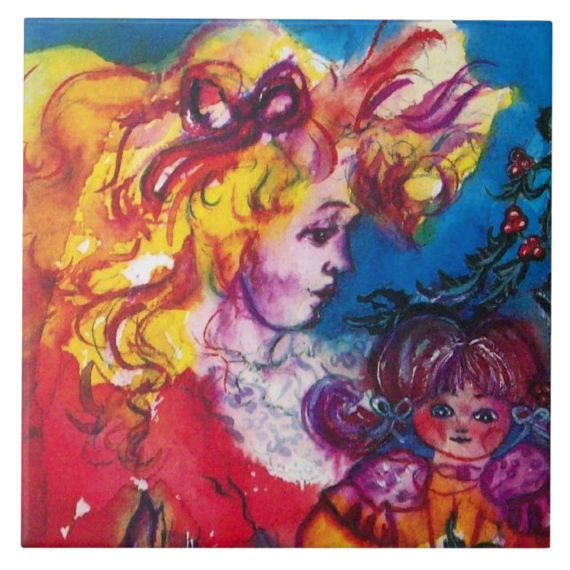 LITTLE GIRL WITH PRETTY DOLL Christmas Tile (Front)