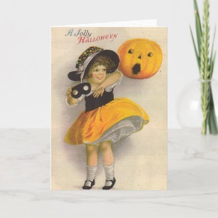 Little Girl with Pumpkin and Mask Card