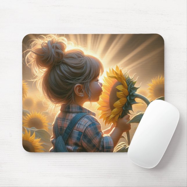 Little Girl With Sunflower Mouse Pad (With Mouse)