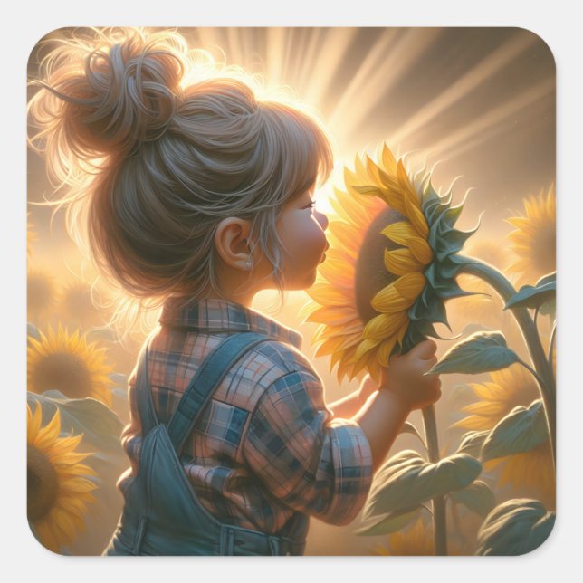 Little Girl With Sunflower Square Sticker (Front)