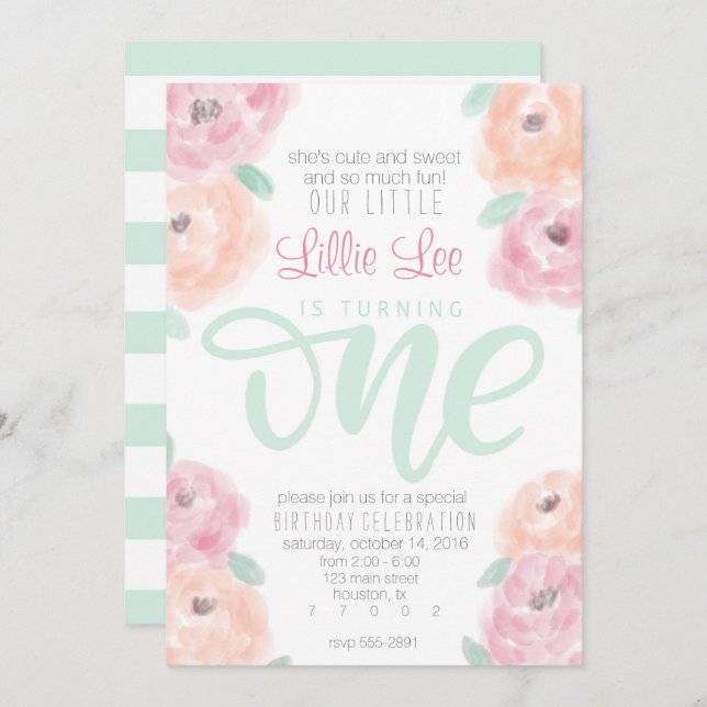 Little girl's 1st birthday party flower invitation (Front/Back)