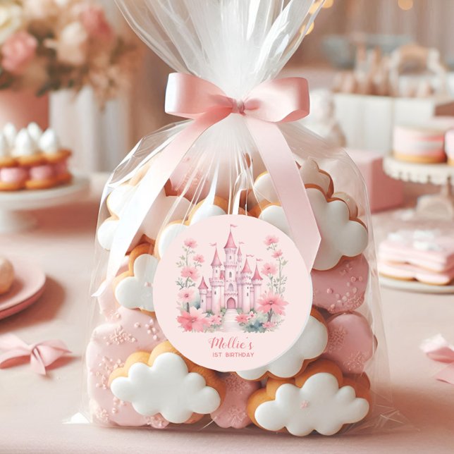 Little Girls 1st Birthday Pink Castle Princess Classic Round Sticker (Pink castle little girl's princess party sticker)