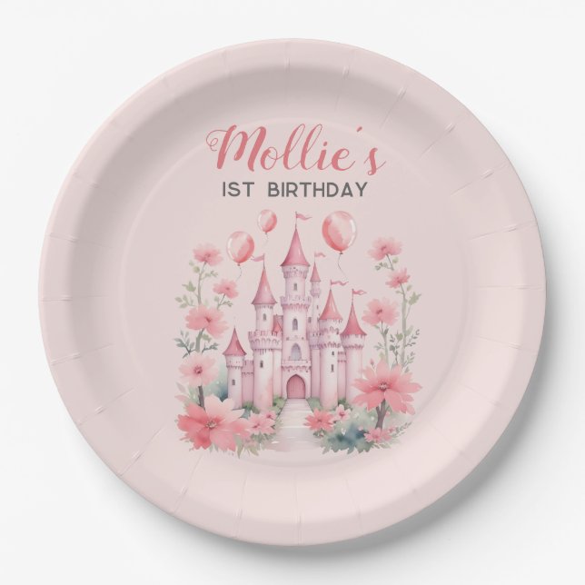 Little Girls 1st Birthday Pink Castle Princess Paper Plate (Front)