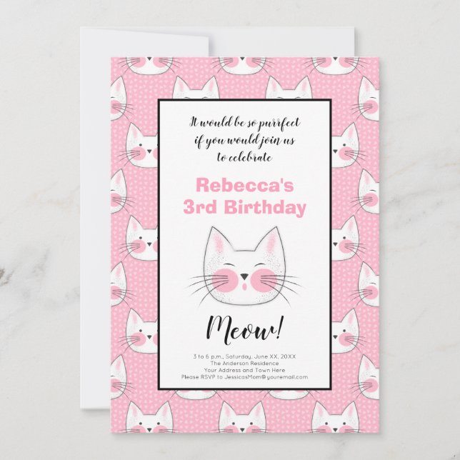 Little Girls 3rd Birthday Party Pink Kitty Cats Announcement (Front)