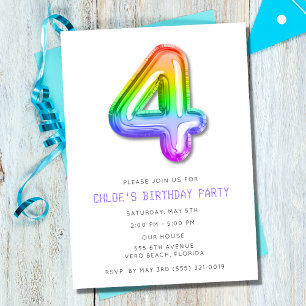 Little Girls 4th Birthday Balloon Party Invitation