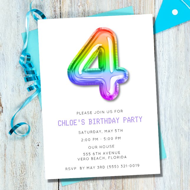 Little Girls 4th Birthday Balloon Party Invitation (Little Girls 4th Birthday Balloon Party Invitation)