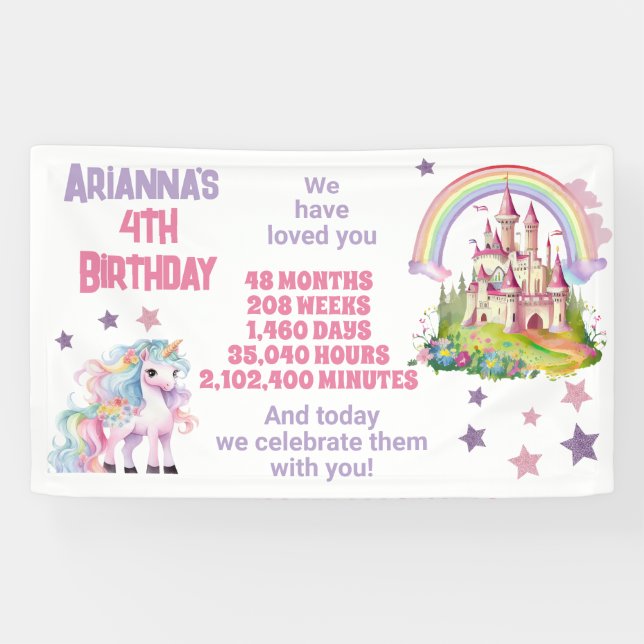Little Girl's 4th Birthday Castle Unicorn  Banner (Horizontal)