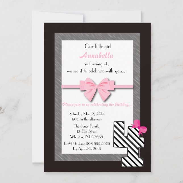 Little Girls 4th Birthday Invitation (Front)