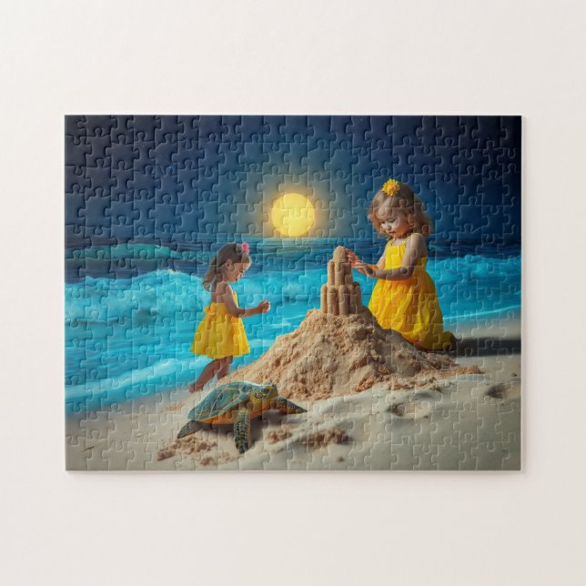 Little girls and a sea turtle building sandcastles jigsaw puzzle (Horizontal)