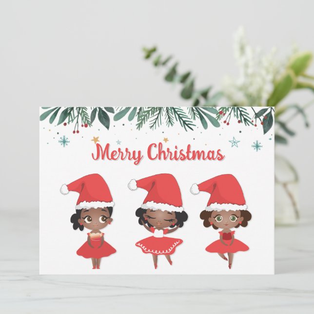 Little Girls Christmas Santa Hat Ballerinas Holiday Card (Standing Front)