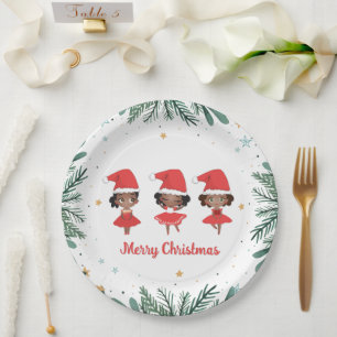 Little Girls Christmas Santa Hat Ballerinas Paper Plate