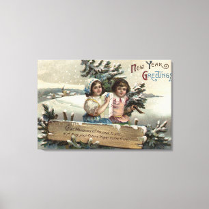 Little Girls Holding a Present and Tree Canvas Print