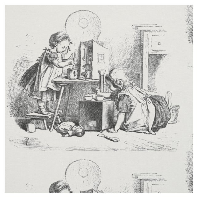 Little girls playing house etching textile fabric (Swatch)