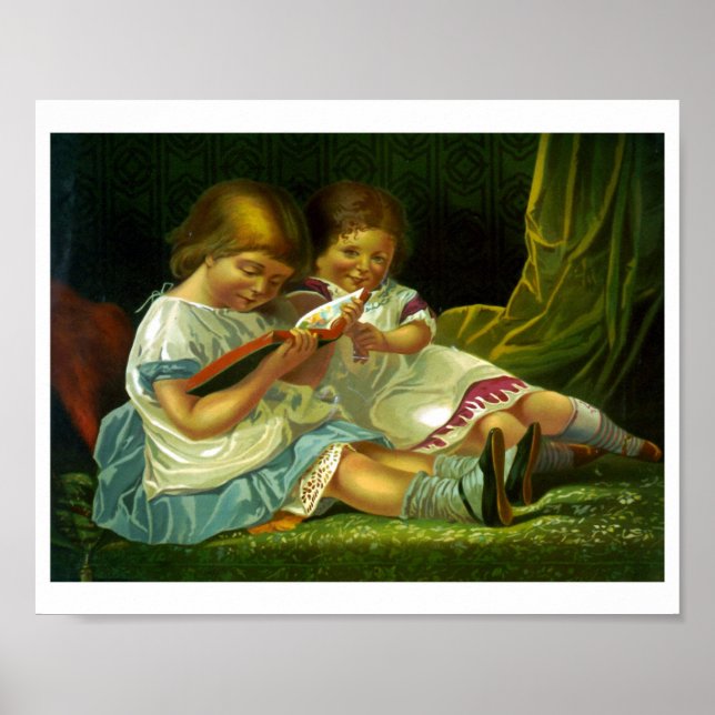 Little Girls Reading Vintage Illustration Poster (Front)