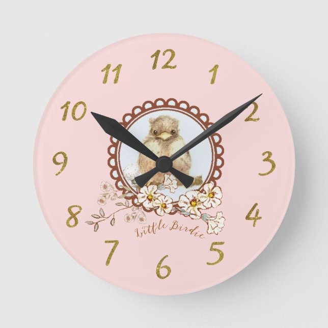 Little Girl's Room Baby Robin with Field Flowers  Round Clock (Front)