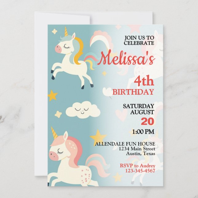 Little Girls Unicorn and Rainbows Birthday Party Invitation (Front)