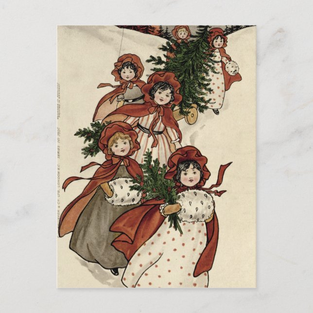 Little Girls with Holly and the Christmas Tree Holiday Postcard (Front)
