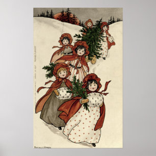Little Girls with Holly and the Christmas Tree Poster