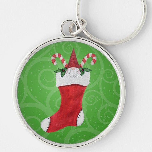Little Gnome Red Hat White Beard Stocking Green Key Ring (Front)