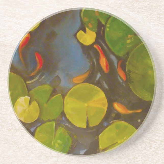 Little Goldfish Koi in Pond with Lily Pads Coaster (Front)