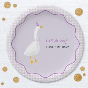 Little Goose Gingham First 1st Birthday Paper Plate