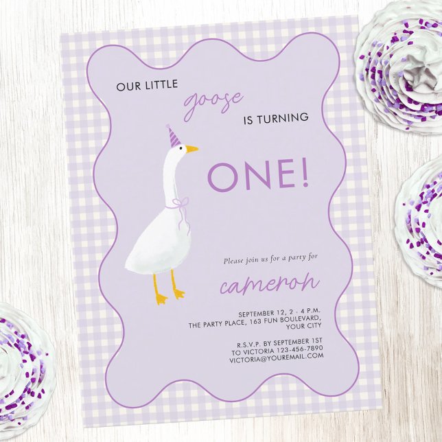 Little Goose Gingham First 1st Birthday Party Postcard (Little Goose 1st first birthday party invitation with wavy frame and gingham detail)