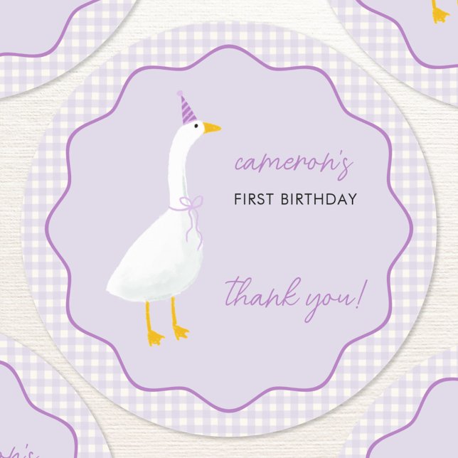 Little Goose Gingham First 1st Birthday Thank You Classic Round Sticker (Little Goose first birthday party thank you sticker)