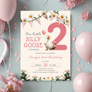 Little Goose Girl Floral 2nd Birthday Invitation