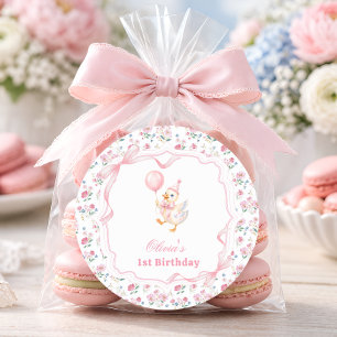 Little Goose Pink Bow Floral Birthday Thank You  Classic Round Sticker