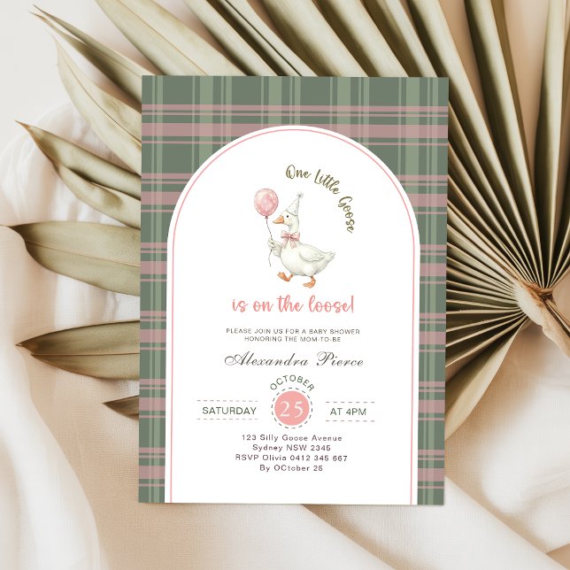 Little Goose Pink Bow Gingham Baby Shower Invitation (Creator Uploaded)