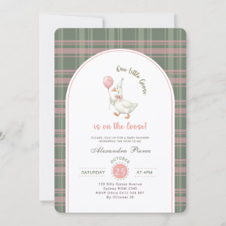 Little Goose Pink Bow Gingham Baby Shower Invitation