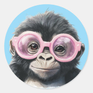 Little Gorilla with Pink Glasses Blue Background Classic Round Sticker