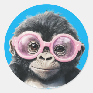 Little Gorilla with Pink Glasses Dark Blue Backgro Classic Round Sticker
