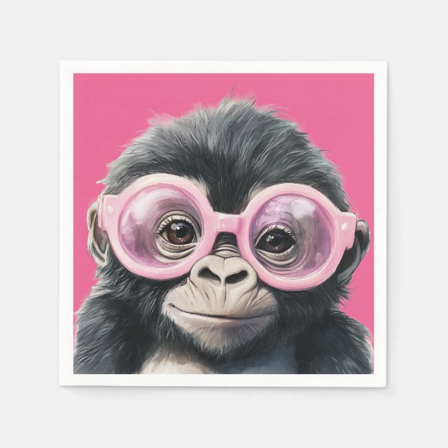 Little Gorilla with Pink Glasses - Pink Background Napkin (Front)