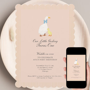 Little gosling illustration baby first birthday invitation