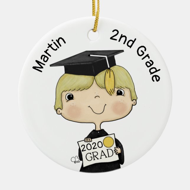 Little Graduate Boy Blonde Hair Ceramic Tree Decoration (Front)