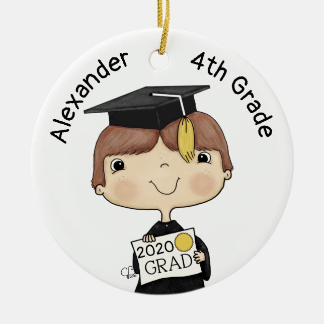 Little Graduate Boy Brown Hair Ceramic Tree Decoration (Front)