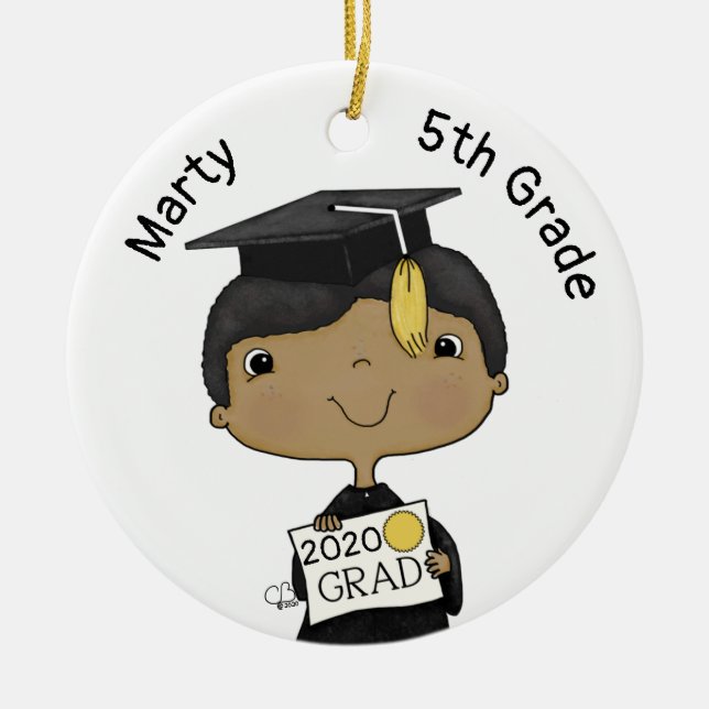 Little Graduate Boy Dark Skin Ceramic Tree Decoration (Front)