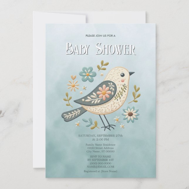 Little Green Bird Floral Baby Shower Invitation (Front)