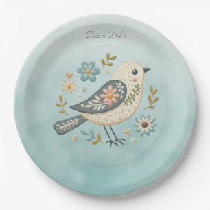Little Green Bird Floral Paper Plate