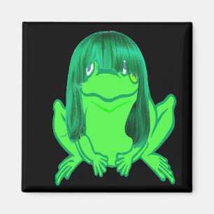 little green frog w/green wig magnet