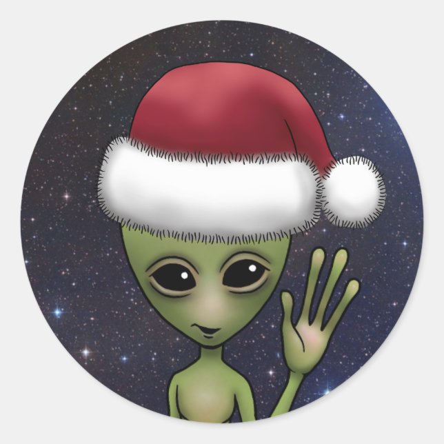 Little Green Man Alien Space Holiday Christmas Classic Round Sticker (Front)