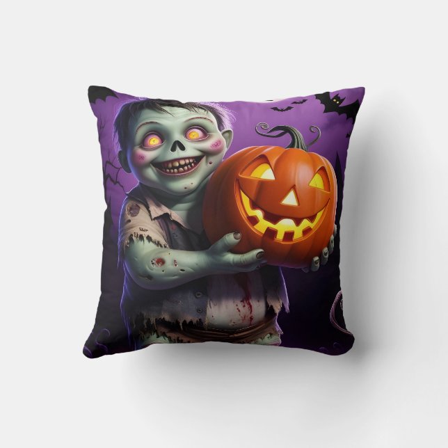 Little Green Monster & Pumpkin Friend  Cushion (Back)