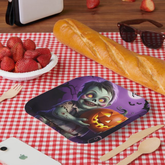 Little Green Monster & Pumpkin Friend  Paper Plate (Picnic)