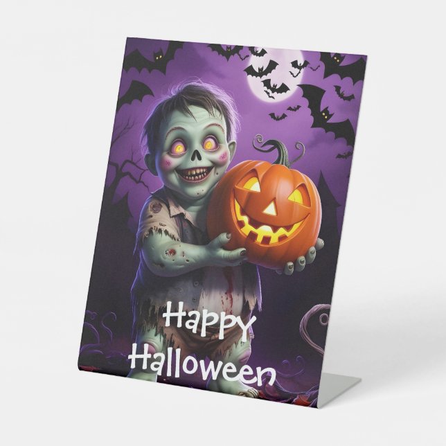 Little Green Monster & Pumpkin Friend Pedestal Sign (Front)