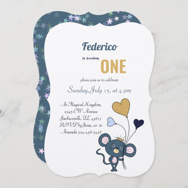 Little grey mouse birthday invitation  (Front/Back)